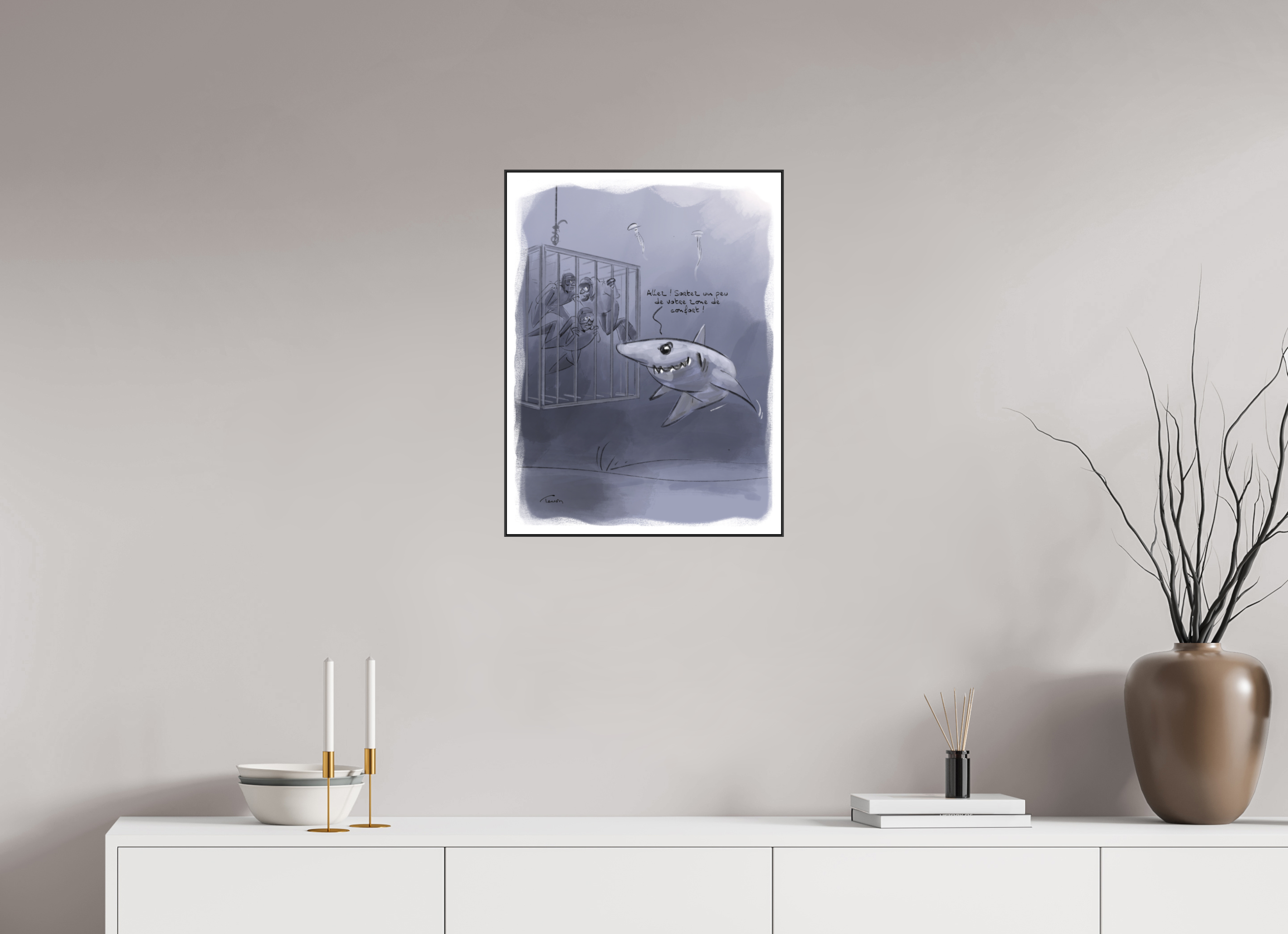 45 x 60 cm, 1.Impression Fine Art sur Alu Dibond. Cadre. Papier aquarelle et marge Dessin N°5