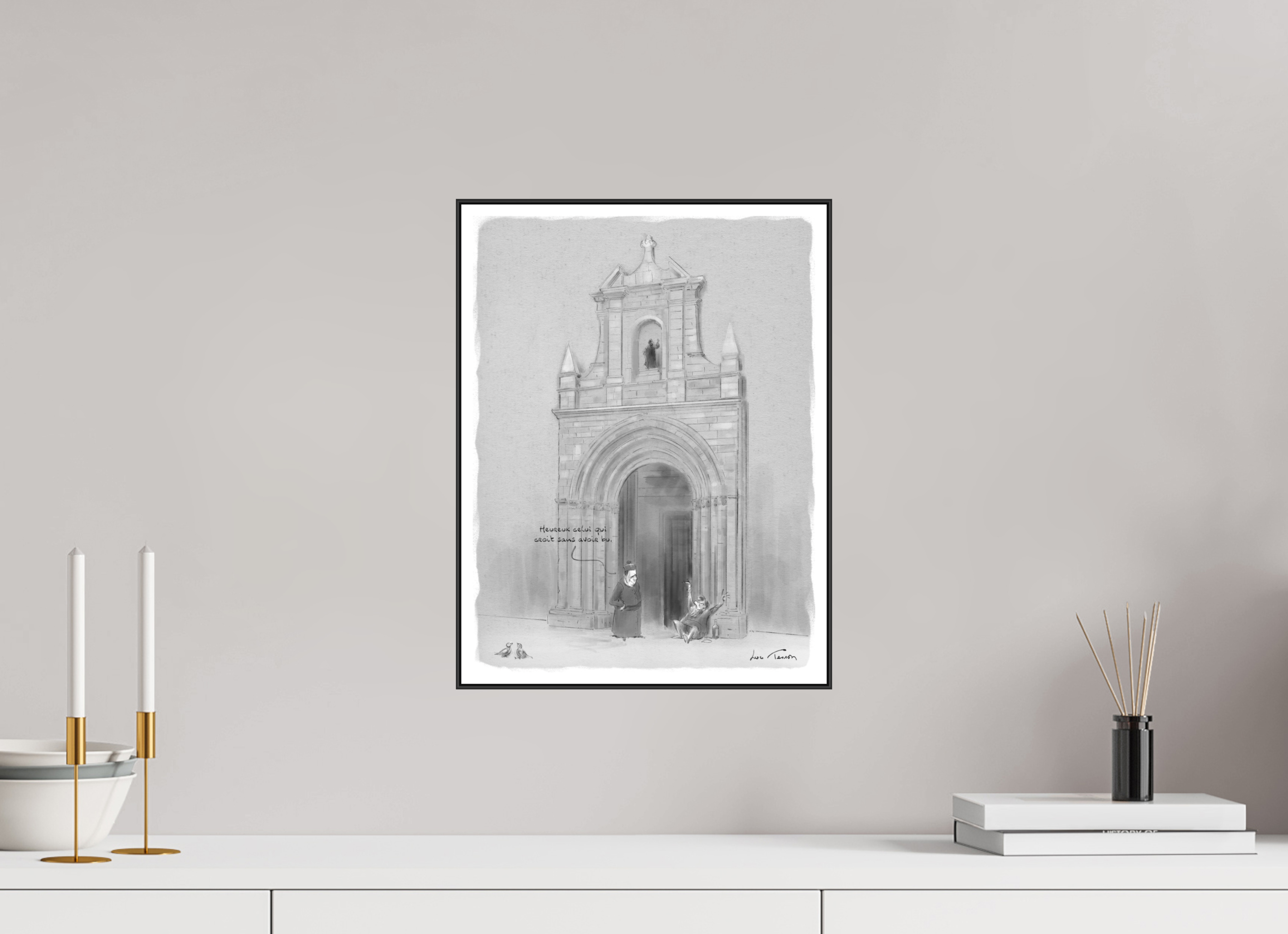 30 x 40 cm, 1.Impression Fine Art sur Alu Dibond. Cadre. Papier aquarelle et marge Dessin N°1