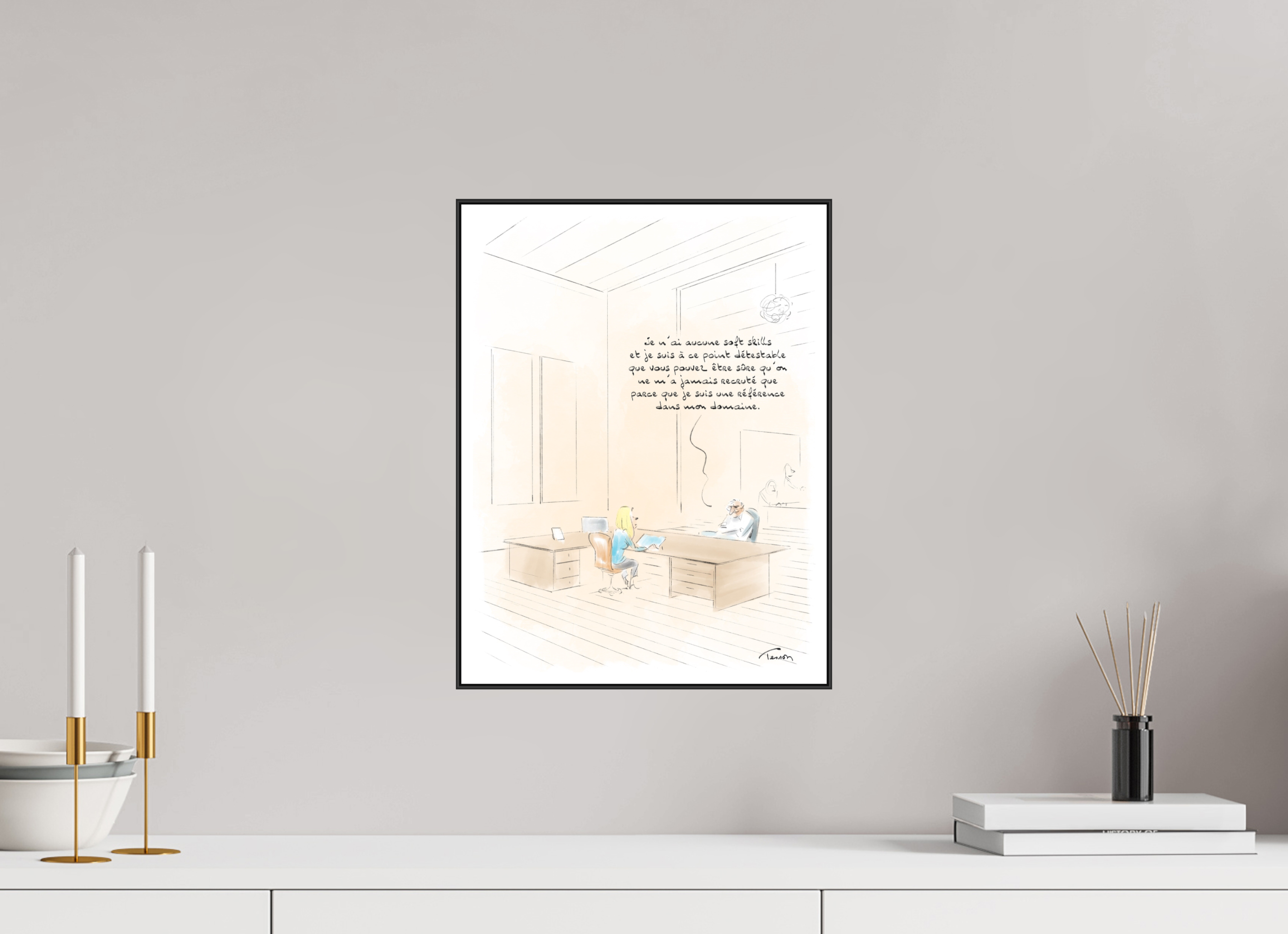 30 x 40 cm, 1.Impression Fine Art sur Alu Dibond. Cadre. Papier aquarelle et marge Dessin N°12