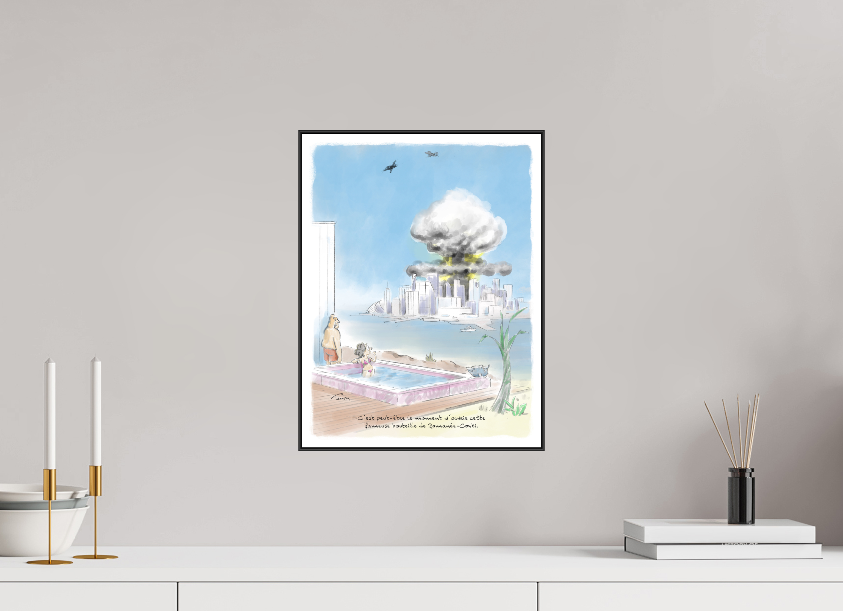 30 x 40 cm, 1.Impression Fine Art sur Alu Dibond. Cadre. Papier aquarelle et marge Dessin N°6