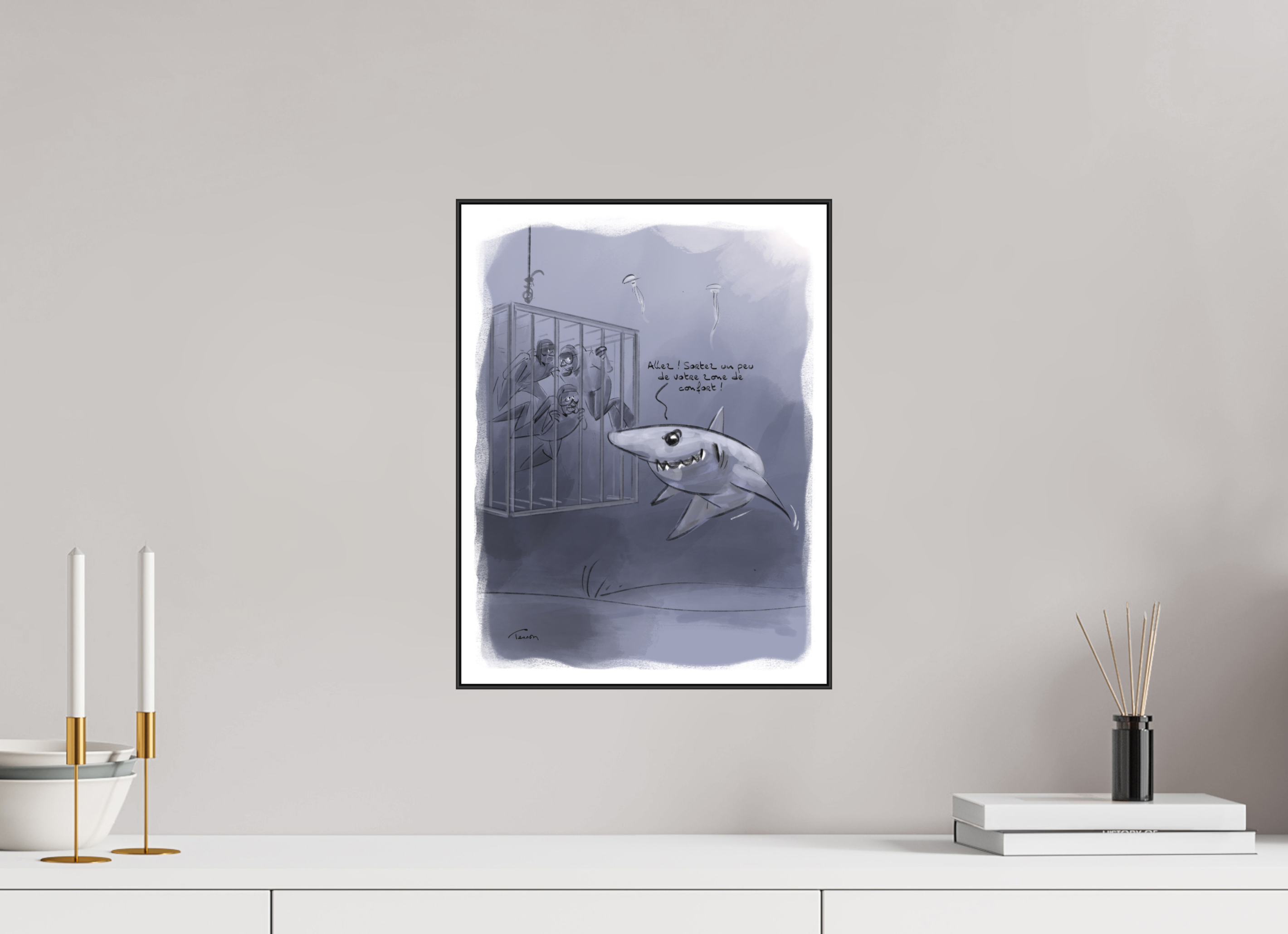 30 x 40 cm, 1.Impression Fine Art sur Alu Dibond. Cadre. Papier aquarelle et marge Dessin N°5